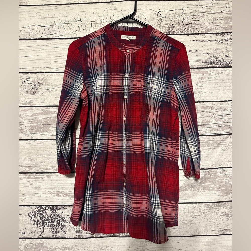 Aeropostale Plaid Button Front Tunic Top Women’s Large Red Blue Pintuck